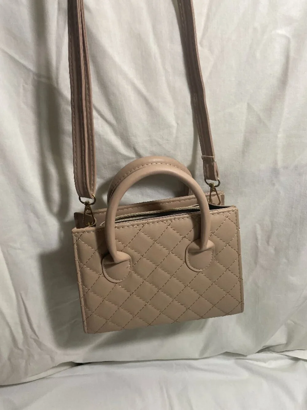 Quilted Nude Beige Mini Top Handle Crossbody Satchel Purse Gold Tone Hardware